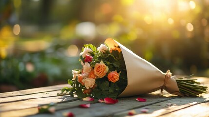 Aufkleber - Fresh bouquet wrapped in kraft paper resting on a wooden table in a sunlit garden setting with space for text. Generative AI