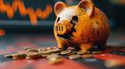 close up of shattered piggy bank with coins spilling out, symbolizing financial loss