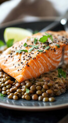 Steamed salmon served with lentils on a plate