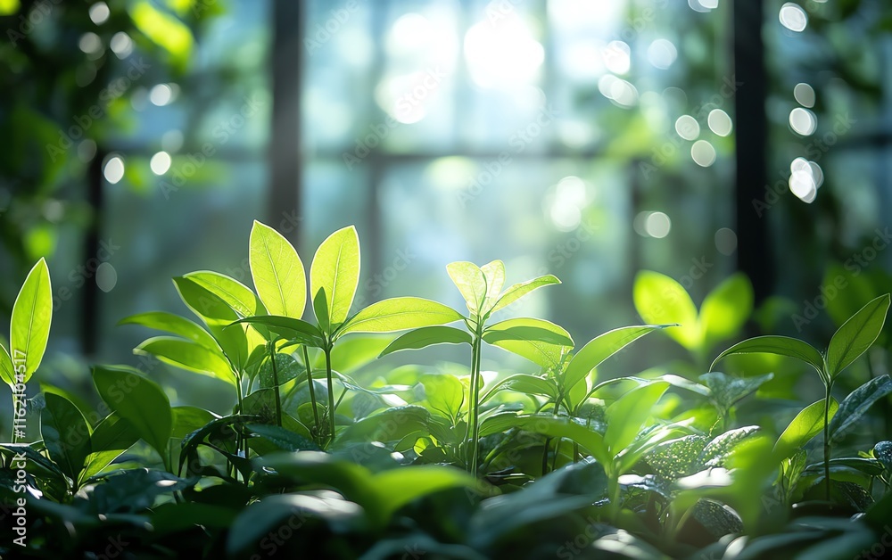 Lush green plants illuminated by natural sunlight inside a glass ...
