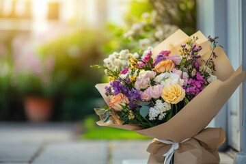 Aufkleber - Colorful flower bouquet wrapped in kraft paper for special occasions with ample space for personalized messages. Generative AI