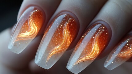 Wall Mural - Close-up of elegant nails with fire-like design, ombre effect, and glitter.