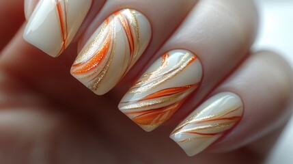 Wall Mural - Close-up of elegant nails with orange and gold swirl nail art design.