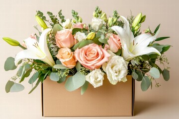 Poster - Delivery box filled with vibrant fresh flowers in warm tone with ample copy space. Generative AI