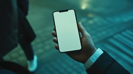 Poster - Close-up of a businessman hand holding a smartphone white screen is blank the background is blurred.Mockup.
