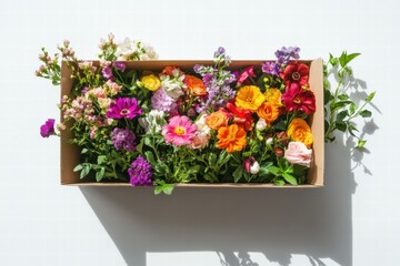 Poster - Vibrant fresh flowers in a cardboard delivery box with space for text. Generative AI