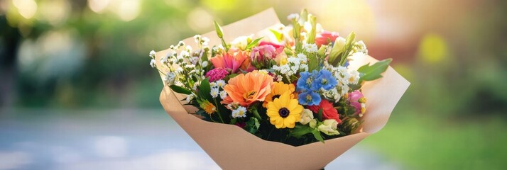 Poster - Colorful flower bouquet wrapped in kraft paper presented beautifully with ample space for text. Generative AI