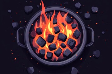 Poster - Aerial view of burning charcoal in a grill, with vibrant flames and glowing embers on a dark background.