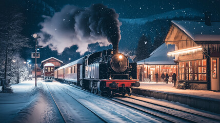 Train in snowy night.