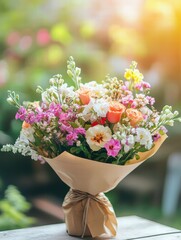 Aufkleber - Colorful flower bouquet wrapped in kraft paper with vibrant blossoms in a sunny garden setting. Generative AI