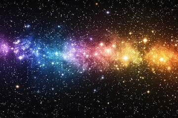 Wall Mural - A vibrant cosmic scene featuring glowing nebulas in rich shades of orange, purple, and teal, surrounded by tiny sparkling stars and radiant comets streaking across the dark, infinite space. 