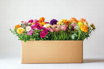 Poster - Fresh flowers in a cardboard delivery box ready for a special occasion with room for personalized greeting. Generative AI