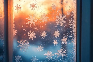 Poster - Beautiful frosty window showcasing delicate snowflake patterns against a sunset backdrop.