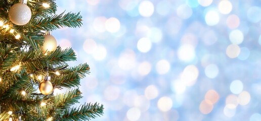 Wall Mural - A decorated Christmas tree with warm lights and a blurred background.