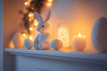 Aufkleber - White bunny decor with glowing candles and eggs on a cozy mantel during spring festivities