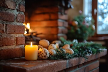 Aufkleber - Warm ambiance of a cozy fireplace adorned with decorative eggs and greenery during a festive gathering