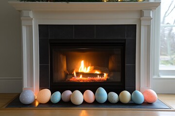 Aufkleber - Colorful decorative eggs arranged in front of a warm fireplace during a cozy spring gathering