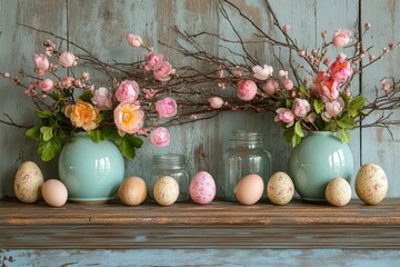 Poster - Brightly colored easter decorations with flowers and eggs on a rustic wooden shelf