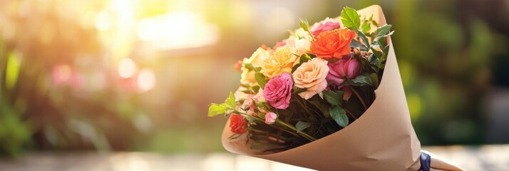 Poster - Bright floral bouquet wrapped in kraft paper with room for text in a natural setting. Generative AI