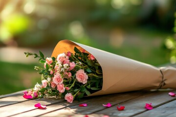 Aufkleber - A bouquet of delicate pink roses is elegantly wrapped in kraft paper, resting on a rustic wooden table