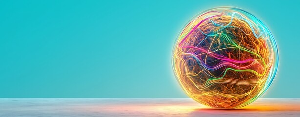 Poster - Vibrant Abstract Sphere with Colorful Light Trails on a Soft Blue Background Creating a Dynamic and Energetic Atmosphere for Contemporary Art or Technology Themes