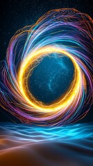 Poster - Vibrant Abstract Circular Light Trails in a Dark Starry Environment with Smooth Waves, Creating a Dynamic and Ethereal Visual Experience