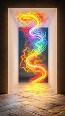 Poster - Colorful Light Trail Emerging from Doorway in Abstract Setting, Representing Creativity, Imagination, and Energy in a Modern Artistic Environment