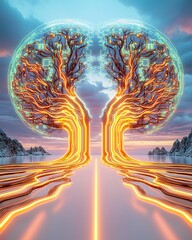 Poster - A Futuristic Landscape Featuring Two Symmetrical Trees with Neon Branches, Circuitry Elements, and a Serene Sunset Reflection in a Digital Nature Setting