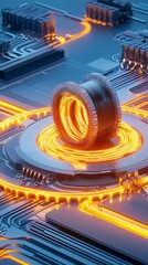 Poster - Electric Circuit Design Featuring Illuminated Coil on High-Tech Motherboard with Flowing Energy and Advanced Electrical Components