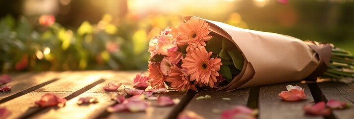 Poster - Bouquet of gerbera daisies wrapped in kraft paper placed on a wooden table surrounded by petals at sunset. Generative AI