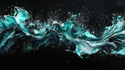 Poster - Abstract fluid art with splashes of teal and black.