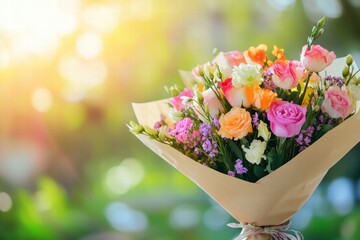 Aufkleber - Colorful flower bouquet wrapped in kraft paper with soft lighting and ample space for text or branding. Generative AI