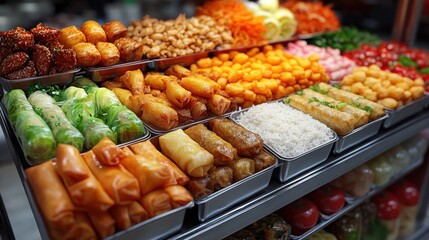 Wall Mural - Assorted Asian street food displayed in metal trays.