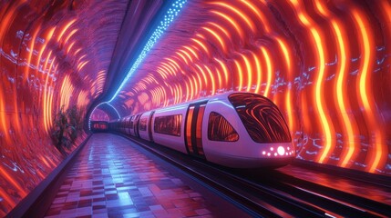 Poster - Futuristic train in a vibrant, illuminated tunnel.