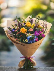 Poster - Vibrant flower bouquet wrapped in kraft paper with a beautiful garden backdrop and ample space for text. Generative AI