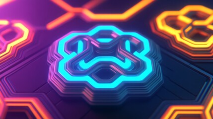 Poster - Neon Hexagon Abstract Art Glowing Circuit Design