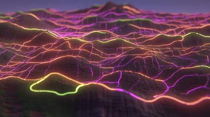 Poster - Neon Linescape Abstract Digital Terrain Art