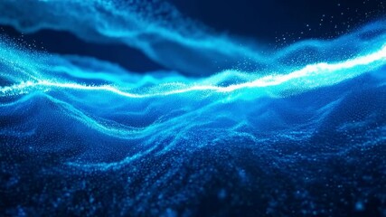 Poster - Celestial Blue Abstract Glowing particles form ethereal waves, creating a mesmerizing, deep blue abstract landscape. Perfect for technology, science, and fantasy themes. 