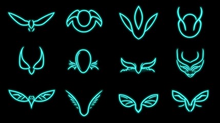 Poster - Neon Winged Creatures Abstract Line Art Icons
