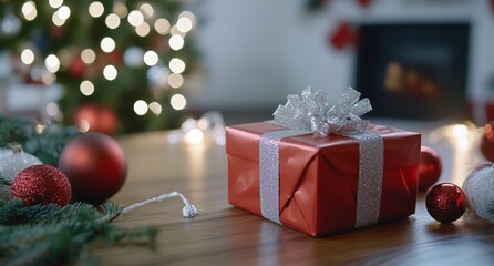 Wall Mural - A festive red gift box with a bow, surrounded by holiday decorations.