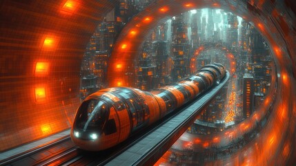 Poster - Futuristic train navigating a vibrant, glowing cityscape.