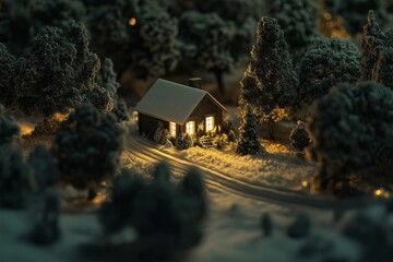 Poster - A winter wonderland scene with snow-covered trees and a cozy cabin emitting soft light.