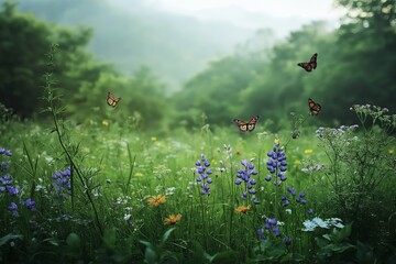 Poster - A tranquil meadow filled with colorful wildflowers and butterflies fluttering around