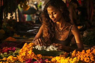 Poster - A street vendor arranging fresh flowers at their stall, surrounded by vibrant colors
