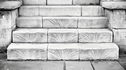 Poster - Ornate Stone Steps with Floral Carvings, Black and White