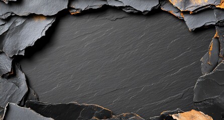 Poster - A textured black slate background framed by rough, peeling edges.