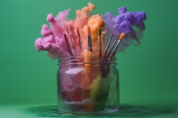 Wall Mural - A set of paintbrushes sitting in a jar of water, the colors blending and bleeding into the liquid.