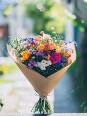 Aufkleber - Colorful flower bouquet wrapped in kraft paper for festive celebrations and special occasions with empty space for text. Generative AI