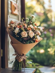 Aufkleber - Elegant bouquet wrapped in kraft paper resting on a wooden surface in a serene garden setting. Generative AI