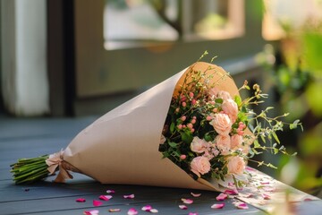 Poster - Beautiful bouquet wrapped in kraft paper with copy space for personalized messages and notes. Generative AI